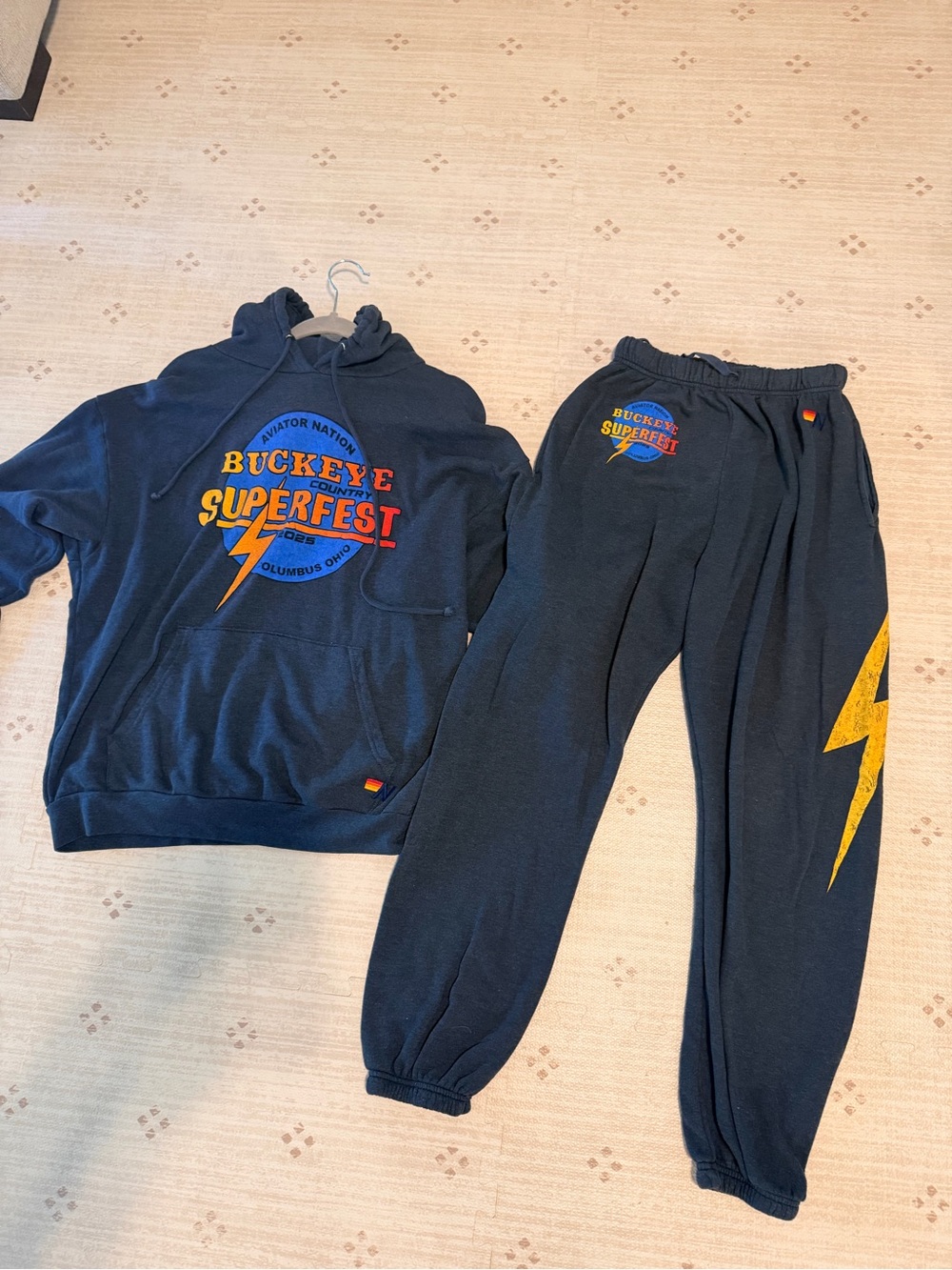 Aviator Nation Navy Sweatpants with Yellow Lightning Graphic